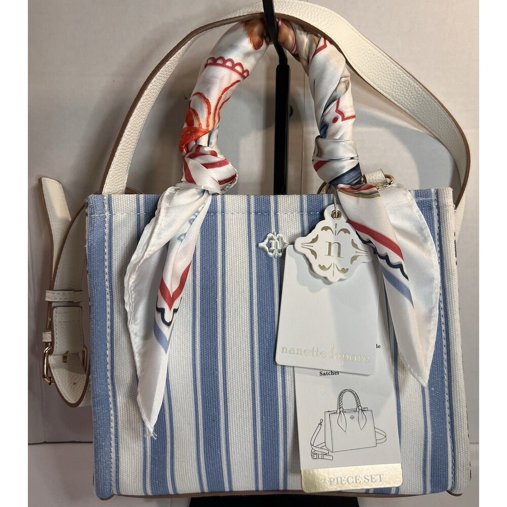 Nanette Lepore Cherie Satchel Bag Blue Stripe Convertible Scarf NWT